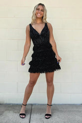 Misshow A-Line Black V-Neck Tiered Short Homecoming Dress/Mini Dress with Lace